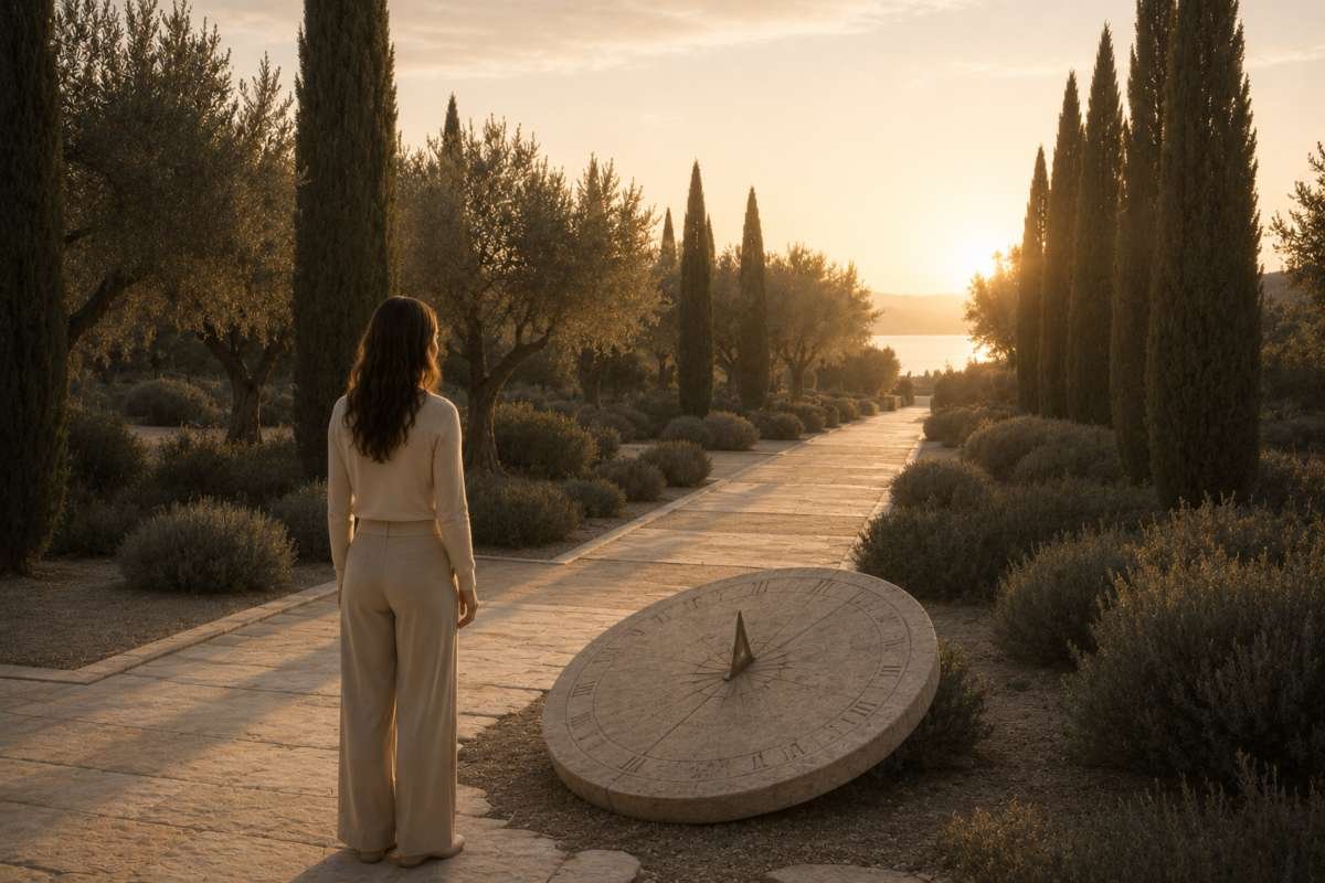 Una persona osserva una vecchia meridiana mentre un sentiero luminoso continua davanti a lei.