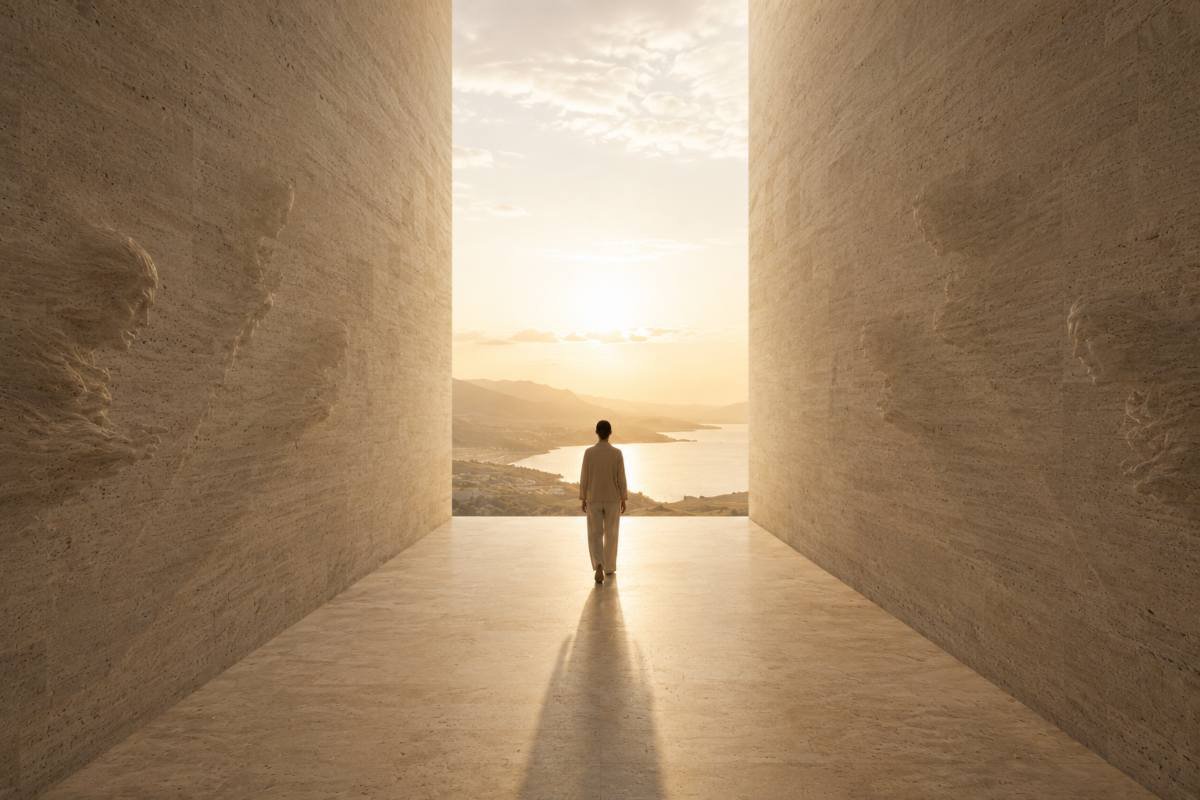 Una persona supera le figure scolpite e raggiunge finalmente la luce oltre il corridoio monumentale.