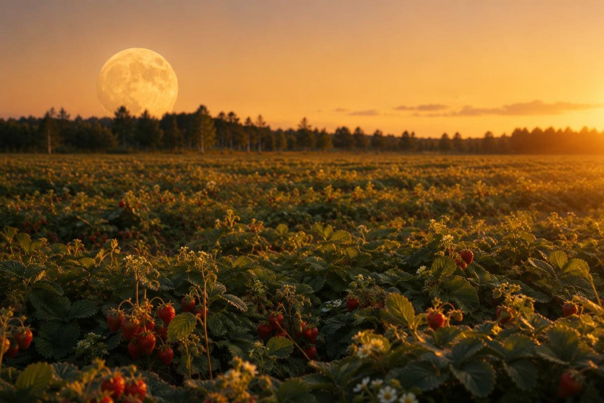 Campo di fragole al tramonto con la Luna piena che sorge all'orizzonte durante il mese di giugno.