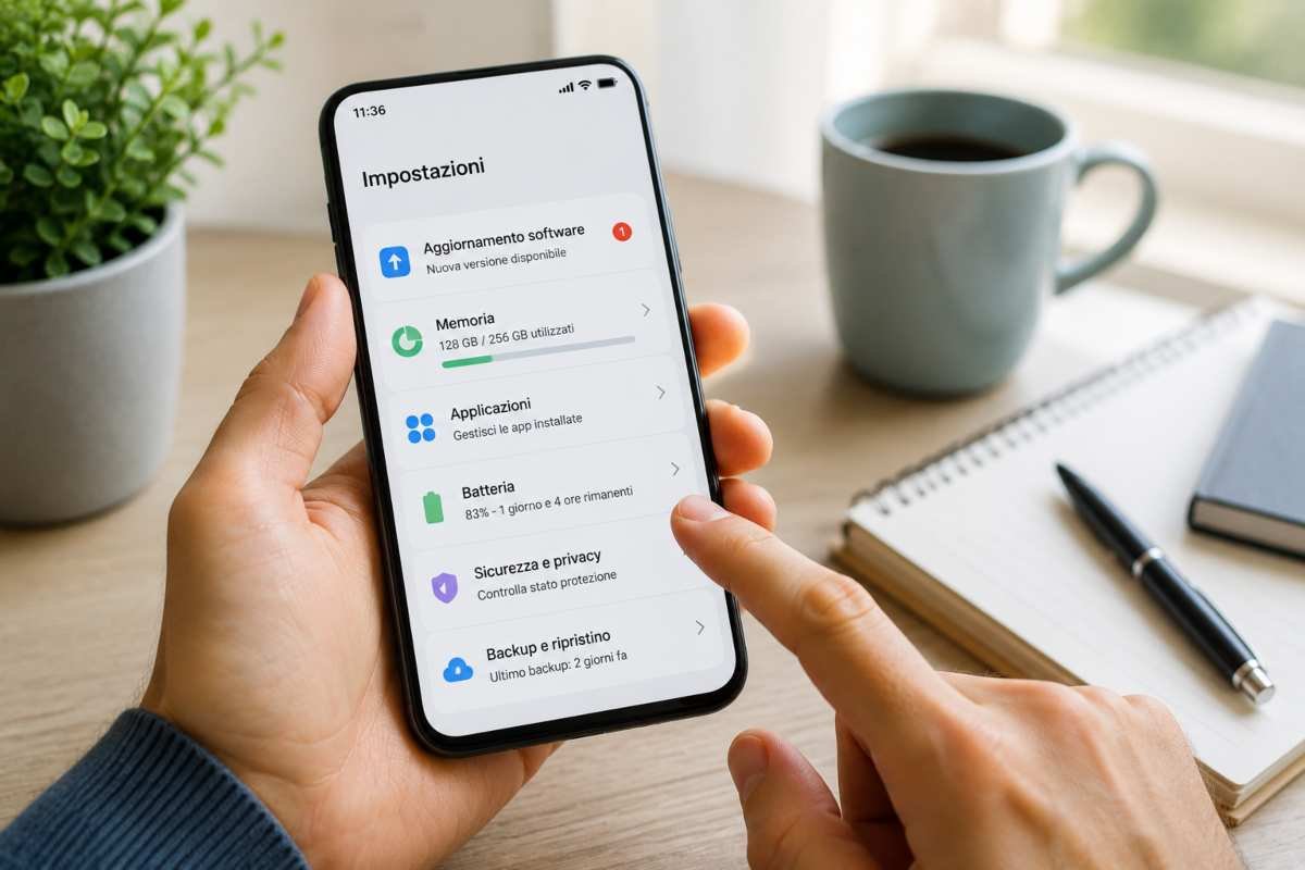 Persona che controlla le impostazioni di uno smartphone per migliorare prestazioni, memoria e aggiornamenti del sistema.