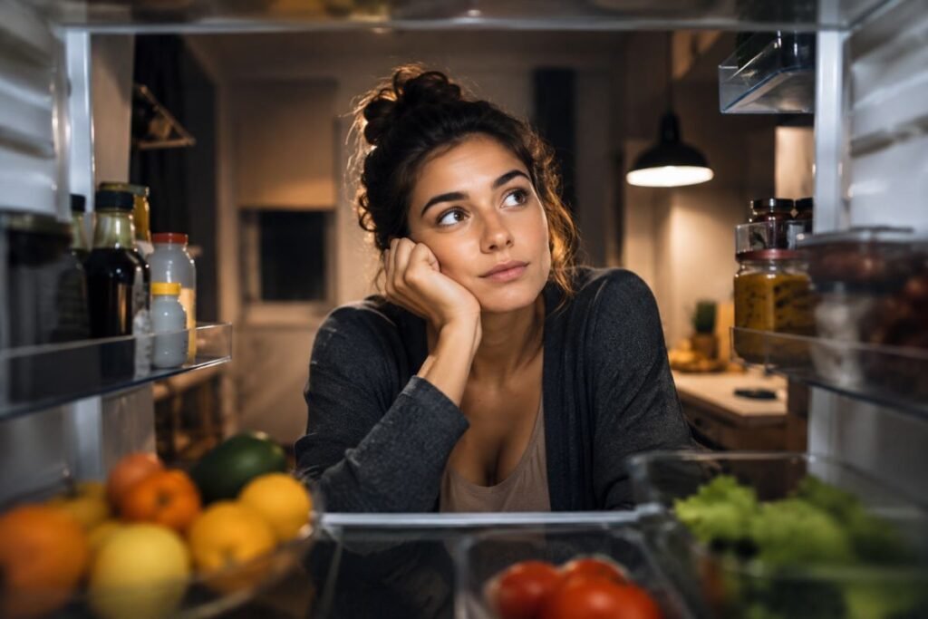 Donna pensierosa davanti al frigorifero aperto mentre cerca qualcosa da mangiare nonostante abbia già mangiato