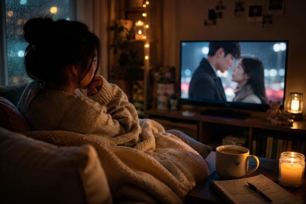 Persona avvolta in una coperta mentre guarda una serie TV romantica sorseggiando una bevanda calda durante una serata rilassante.