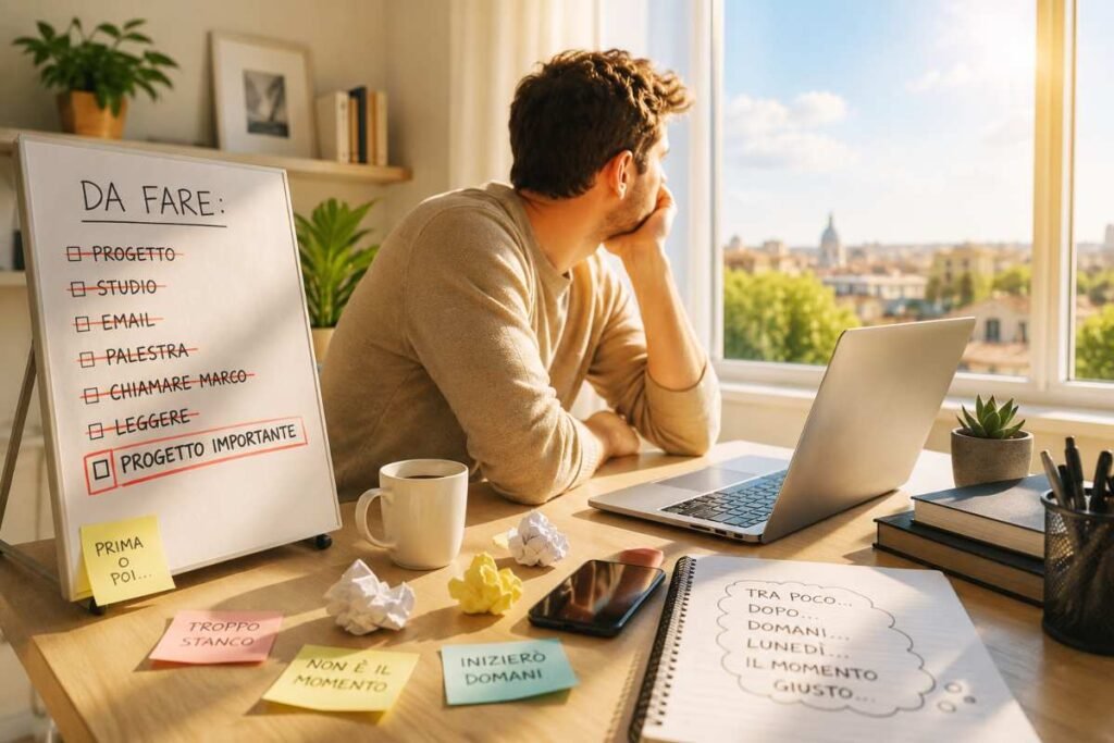 Persona che rimanda un progetto importante mentre osserva fuori dalla finestra: rappresentazione della procrastinazione e dei blocchi mentali.