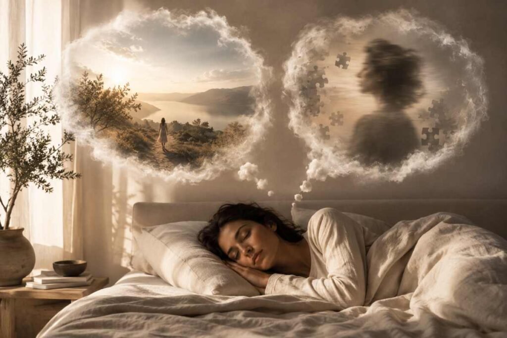 Donna addormentata mentre sogna due scenari diversi, simbolo del motivo per cui alcuni sogni vengono ricordati e altri dimenticati.