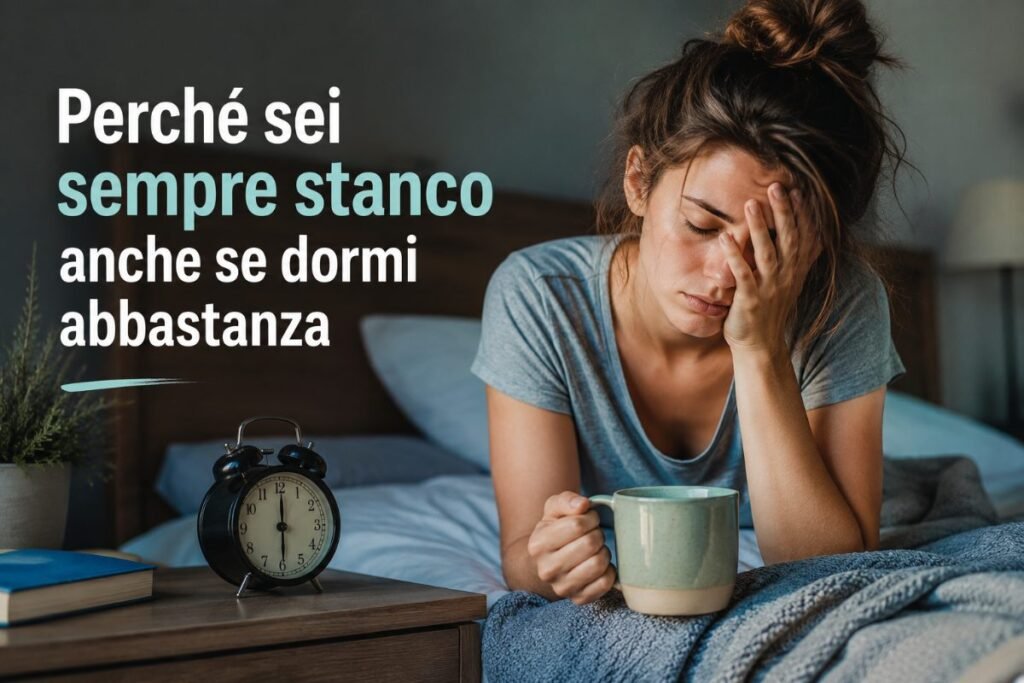Donna stanca seduta sul letto al mattino nonostante abbia dormito abbastanza durante la notte
