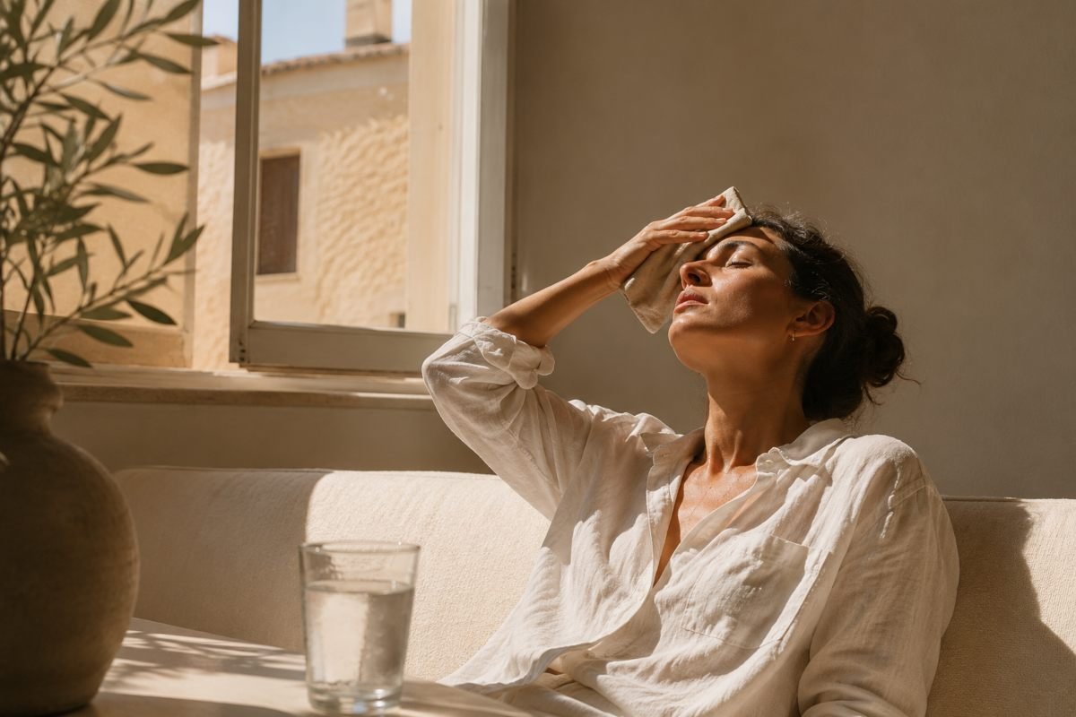 Donna accaldata in casa durante una calda giornata estiva mentre si rinfresca con un panno sul viso.