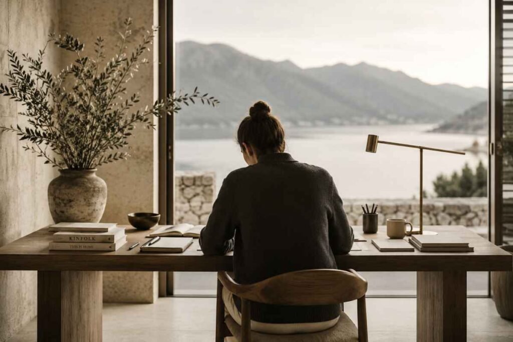 Persona vista di spalle mentre lavora con concentrazione in un ambiente minimal, simbolo di disciplina, costanza e raggiungimento degli obiettivi personali.