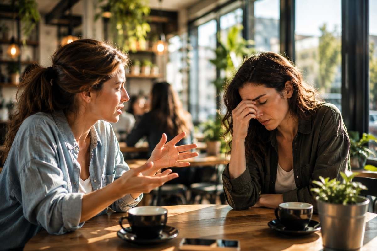 Donna visibilmente affaticata durante una conversazione con una persona che assorbe continuamente energie emotive.
