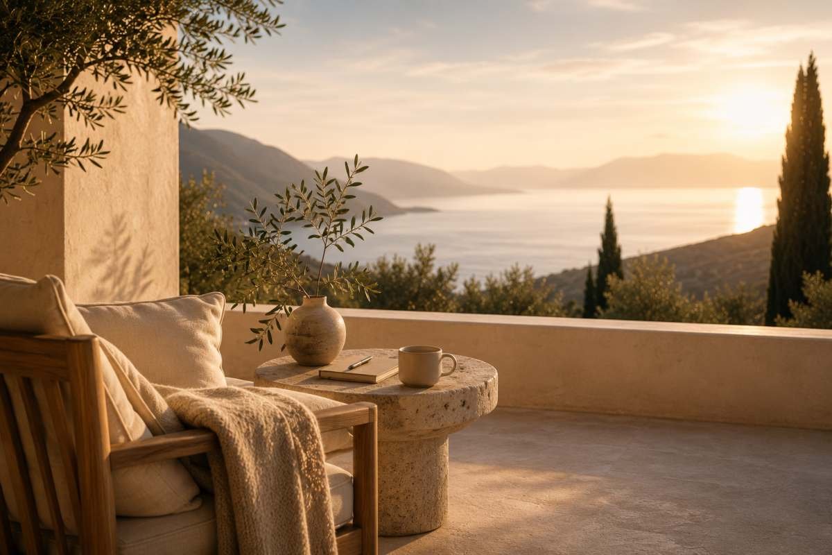 Poltrona in una terrazza tranquilla illuminata dalla luce del mattino, simbolo di benessere emotivo, confini personali e protezione della propria energia.