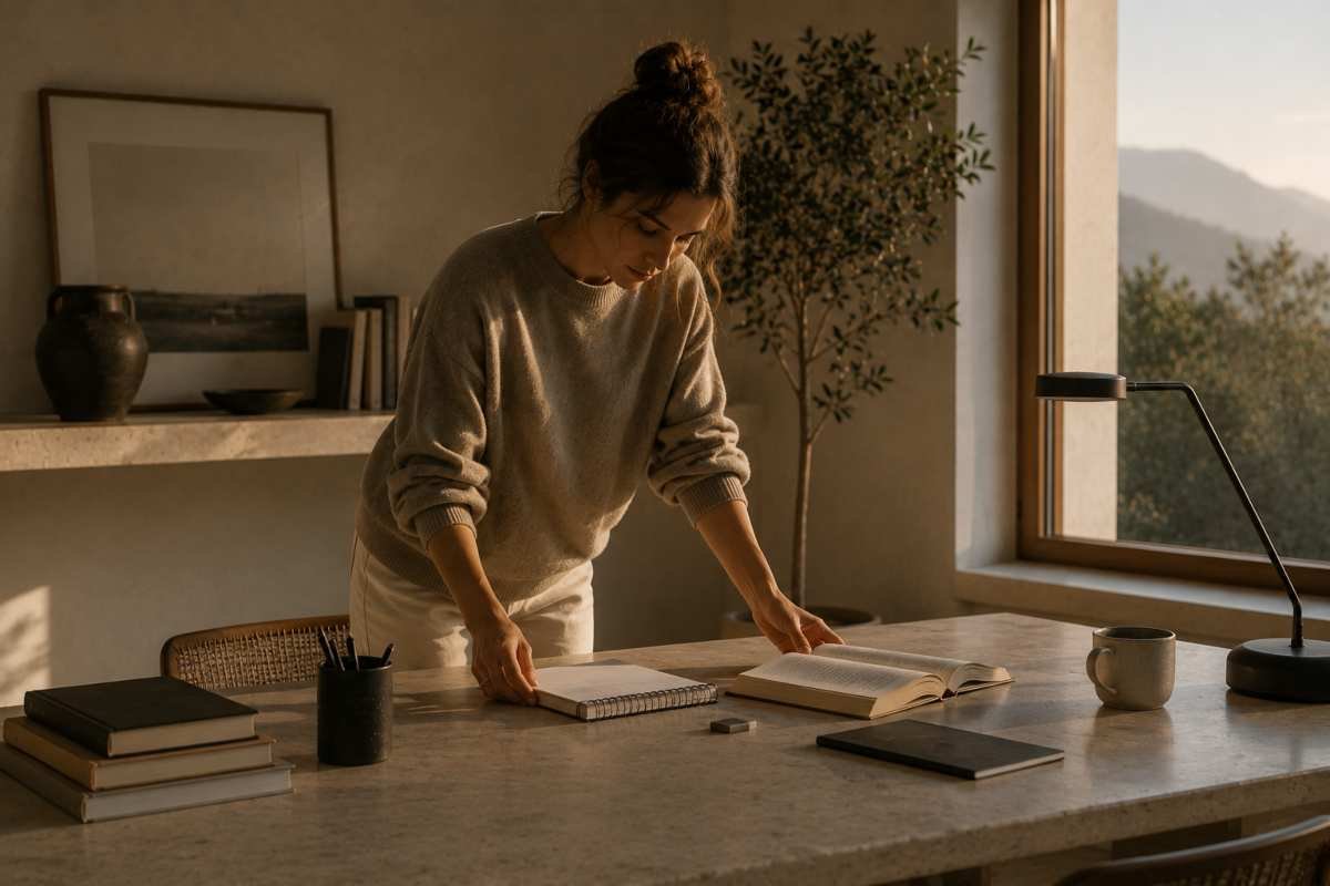 Donna che prepara il tavolo per studiare in un ambiente minimalista, simbolo di autodisciplina, organizzazione e costanza.