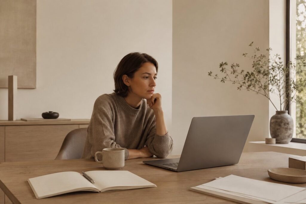 Persona seduta davanti al computer mentre rimanda un lavoro importante: la procrastinazione nasce spesso da stress, paura di fallire e blocchi emotivi.