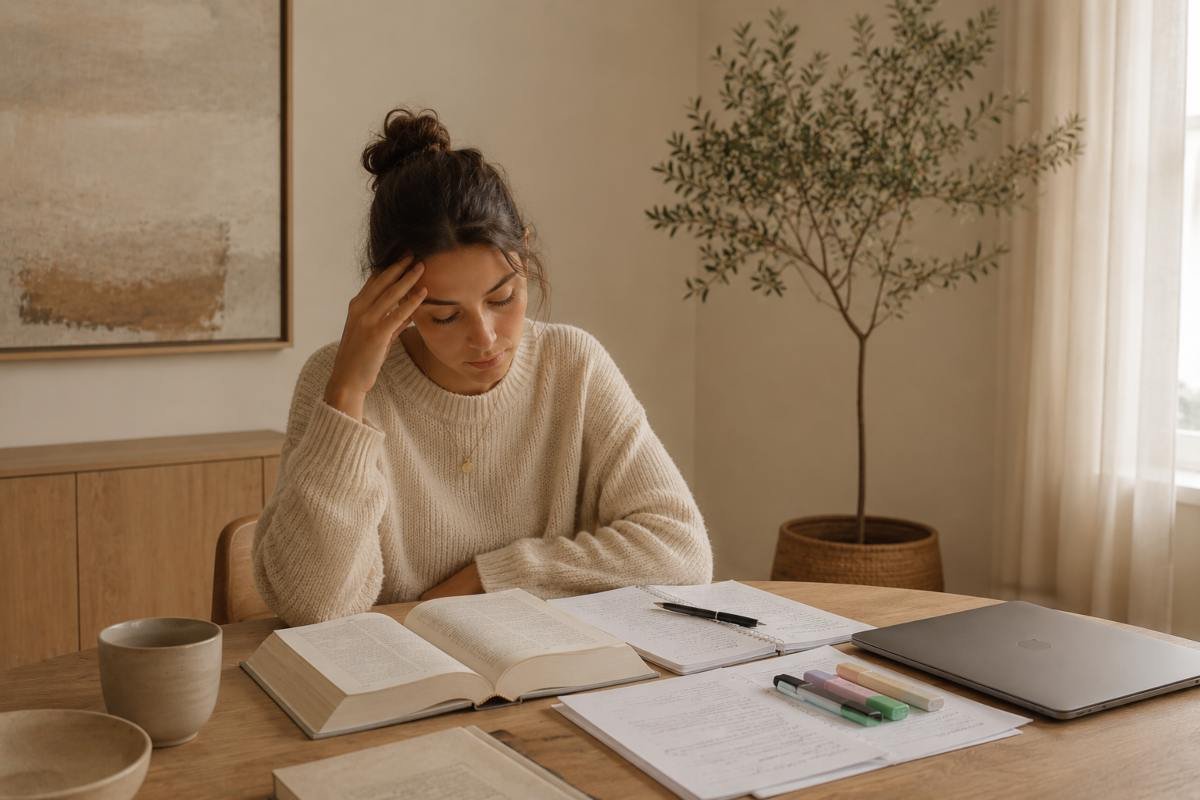 Studentessa davanti ai libri con difficoltà a iniziare lo studio a causa della procrastinazione e del sovraccarico mentale.