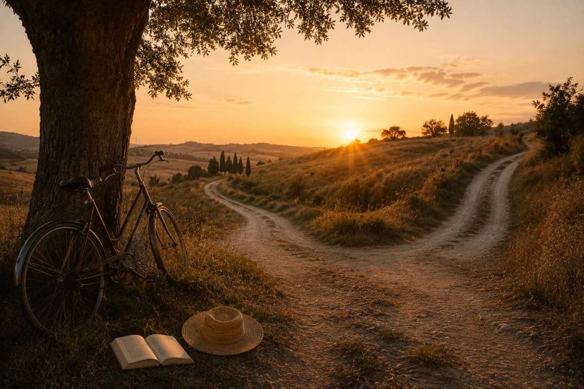 Sentiero di campagna con un bivio al tramonto che rappresenta una scelta importante da compiere.