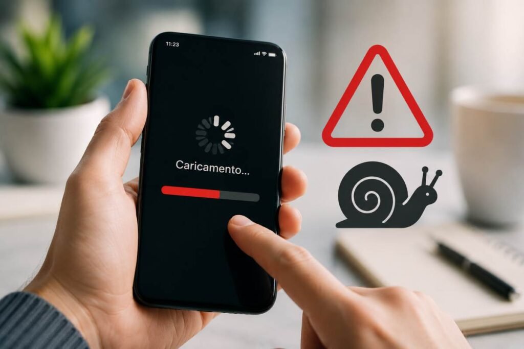 Smartphone lento con schermata di caricamento, immagine che rappresenta gli errori che possono compromettere le prestazioni del telefono.