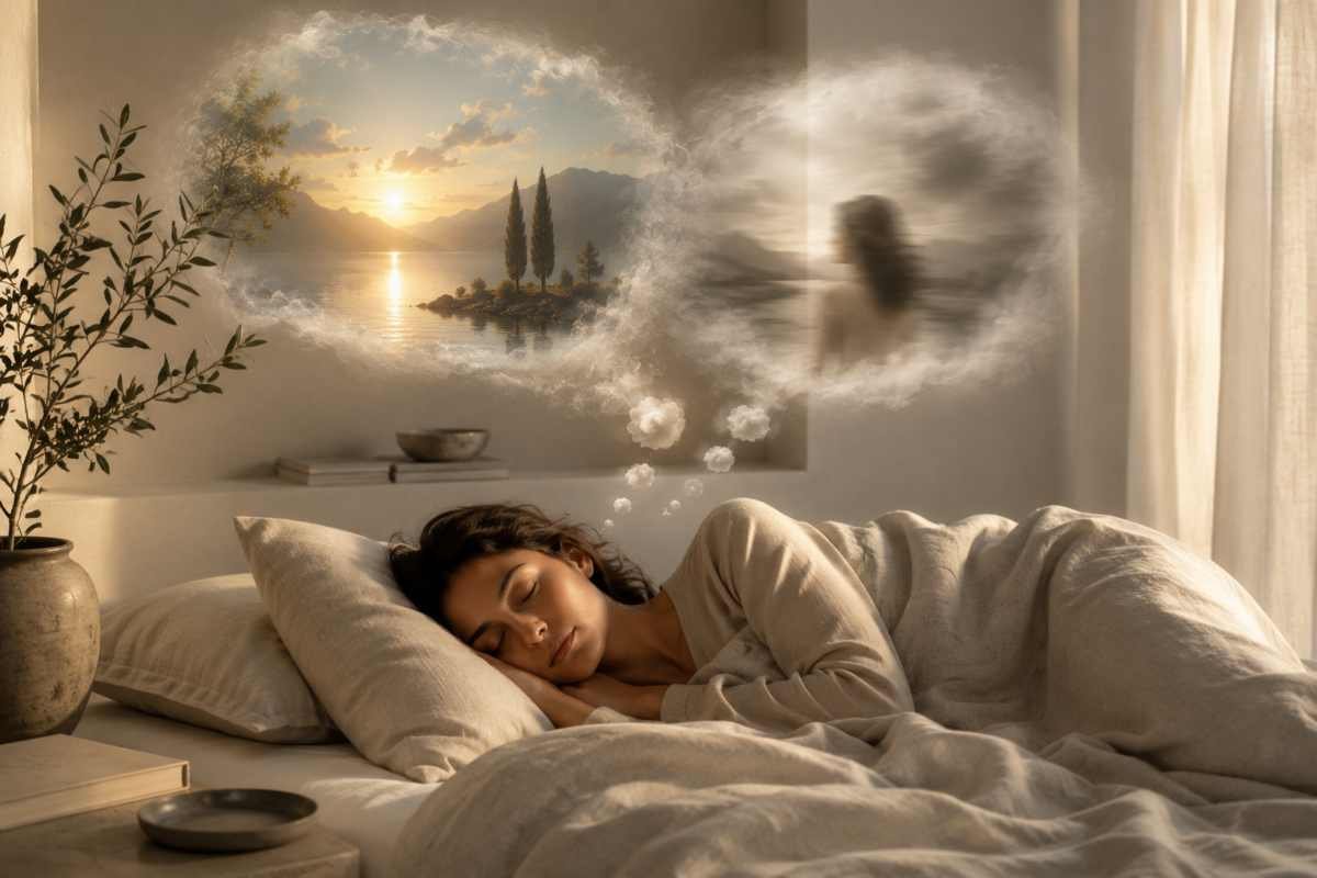 Donna che dorme mentre il cervello crea un sogno vivido e uno destinato a svanire al risveglio.
