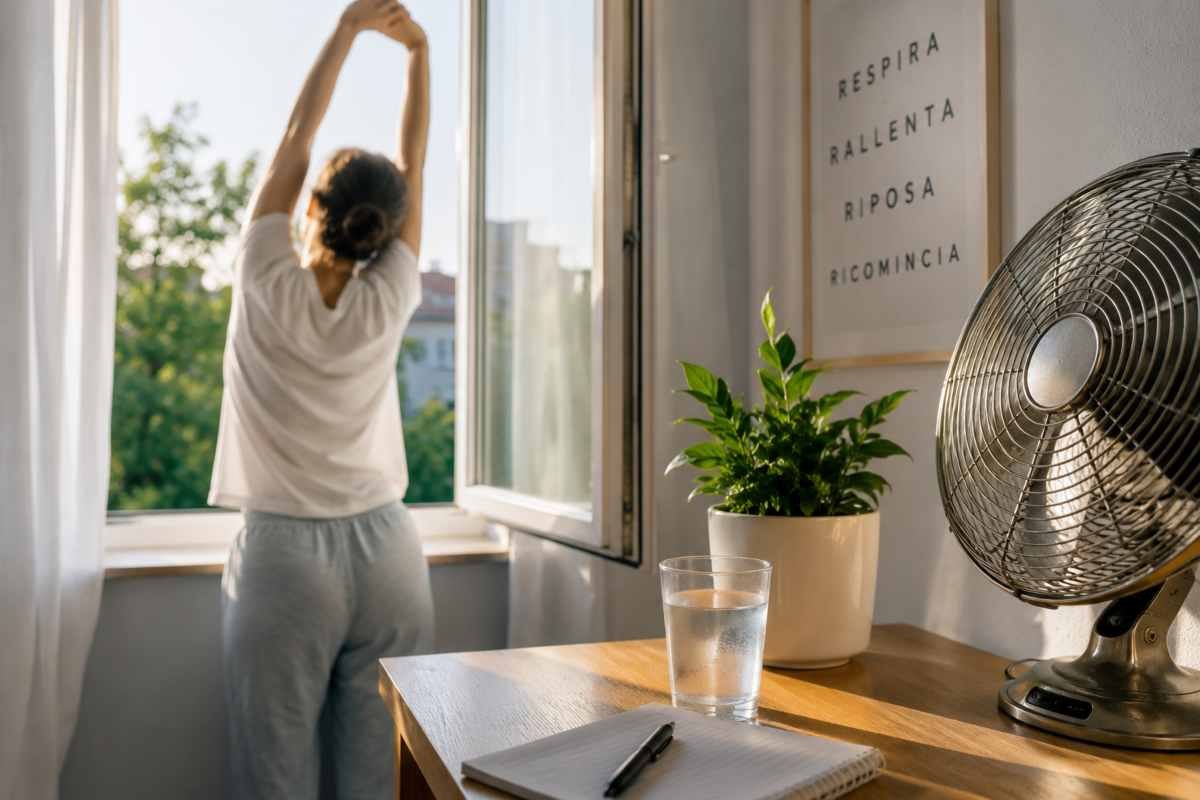 Persona che si stiracchia davanti a una finestra aperta dopo una notte estiva, con ventilatore e bicchiere d'acqua sul tavolo.