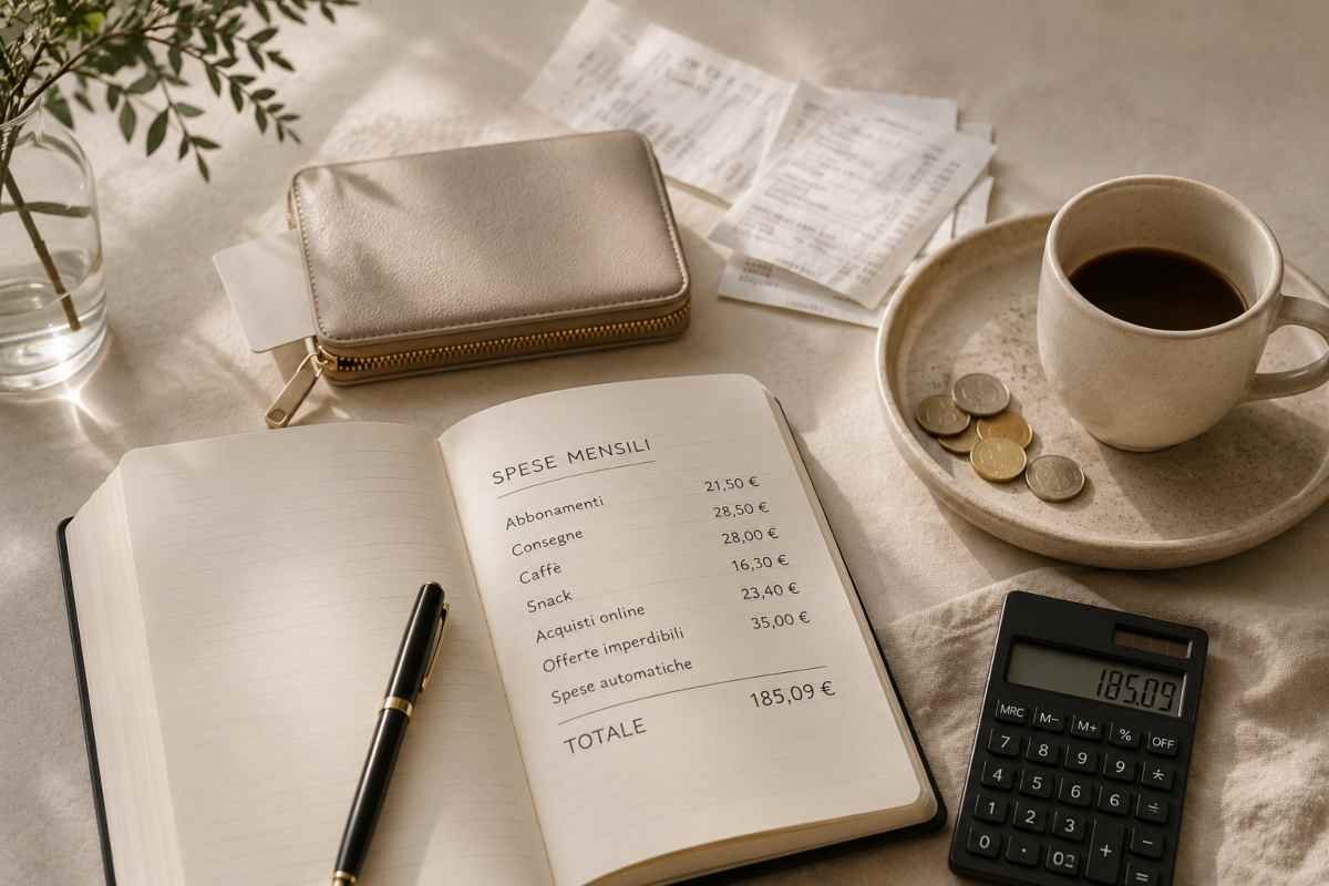 Taccuino con spese mensili, portafoglio, ricevute, monete e tazza di caffè su un tavolo luminoso rappresentano la gestione del bilancio personale.