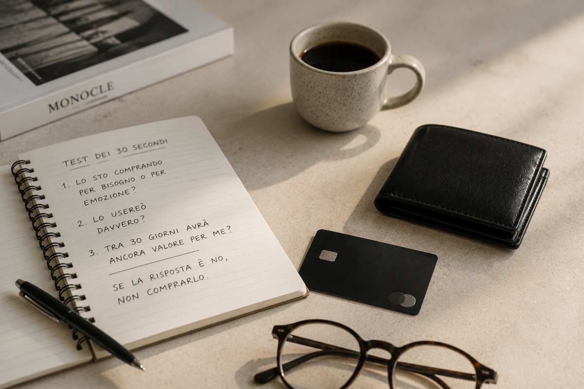 Taccuino aperto con il test dei 30 secondi per valutare un acquisto, accanto a portafoglio, carta di pagamento e tazza di caffè.