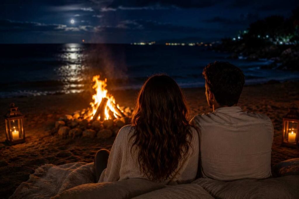 Coppia seduta sulla spiaggia di notte davanti a un falò mentre osserva il mare illuminato dalla luna.