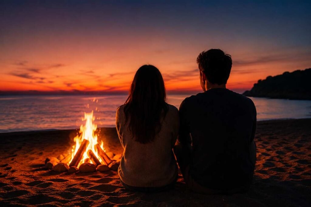 Coppia seduta davanti a un falò sulla spiaggia al tramonto durante un momento di confronto e riflessione sulla relazione.
