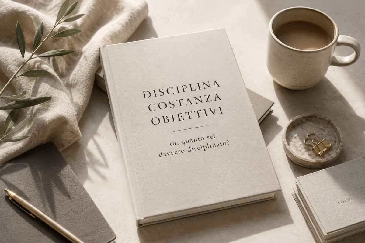 Agenda, tazza di caffè e oggetti da scrivania in stile minimal che rappresentano disciplina, costanza e raggiungimento degli obiettivi personali.