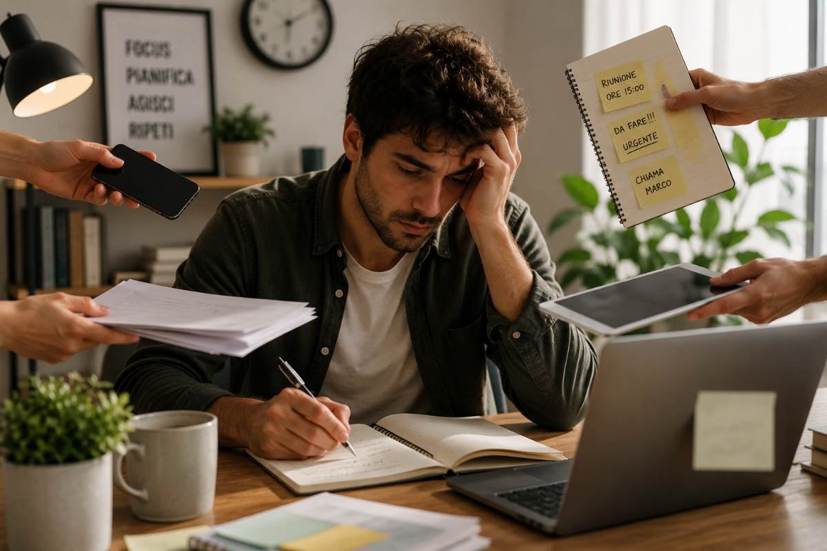 Uomo stressato mentre cerca di lavorare circondato da richieste, notifiche e impegni continui.