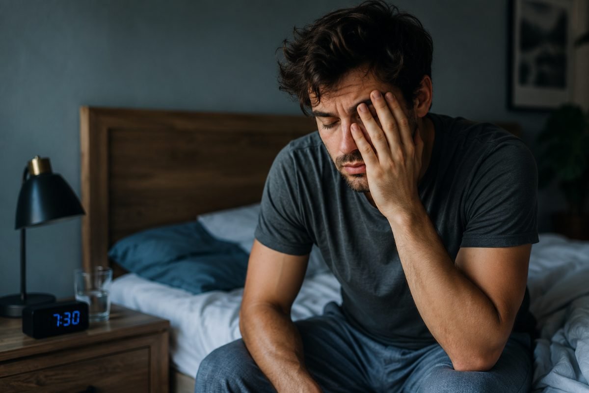 Uomo stanco appena sveglio seduto sul letto con espressione affaticata