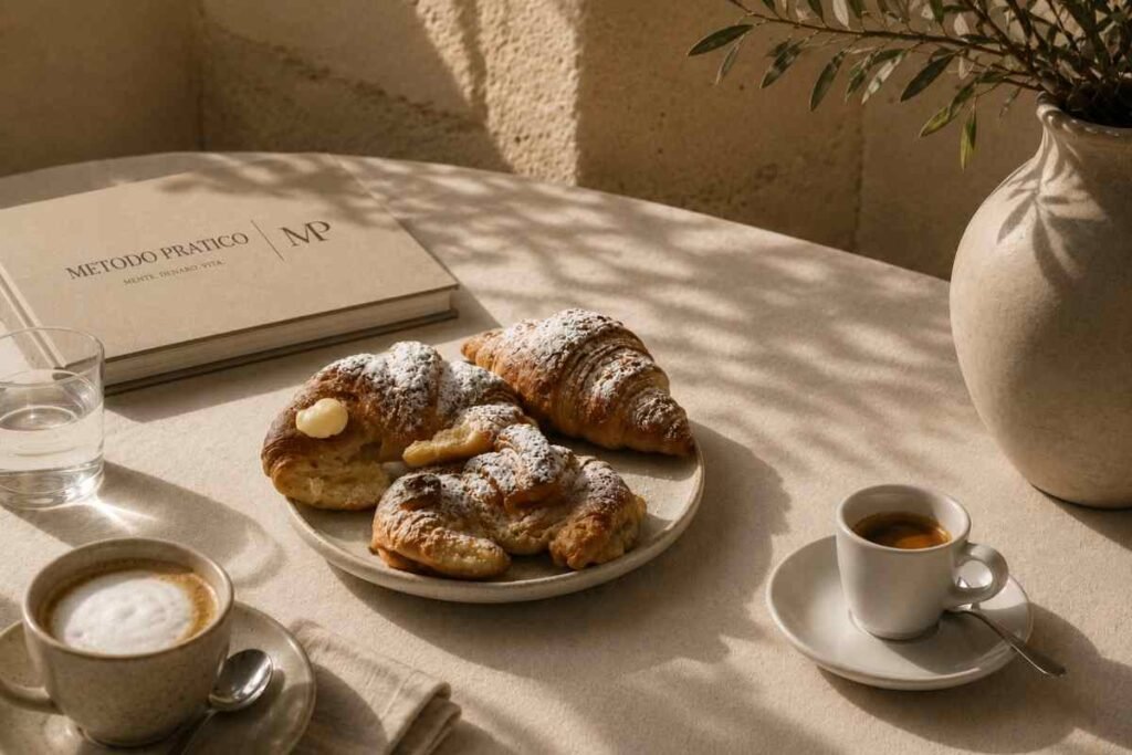 Colazione al bar con espresso, cappuccino e cornetti su un tavolo elegante, simbolo dell'articolo sulle spese da tagliare prima di rinunciare al caffè al bar.