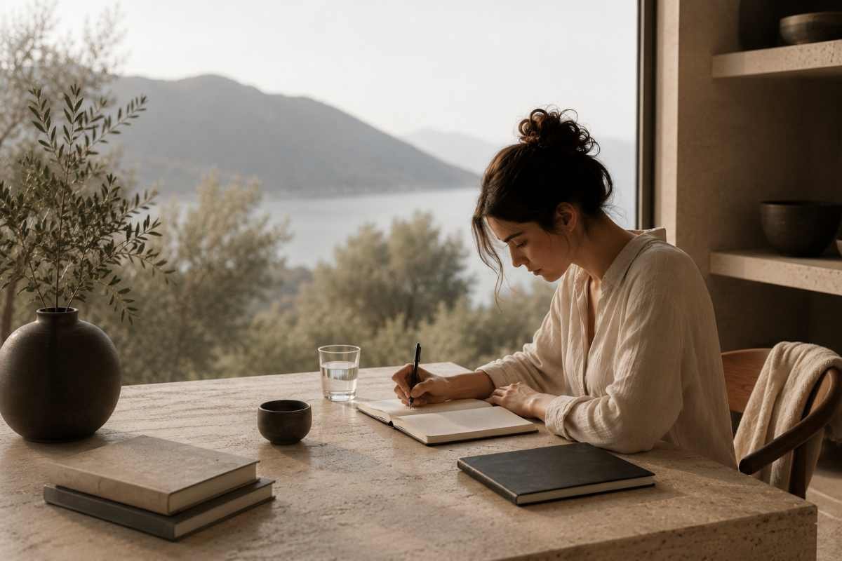 Persona concentrata mentre scrive in un quaderno in un ambiente minimalista e silenzioso, ideale per rappresentare il focus mentale e la concentrazione.