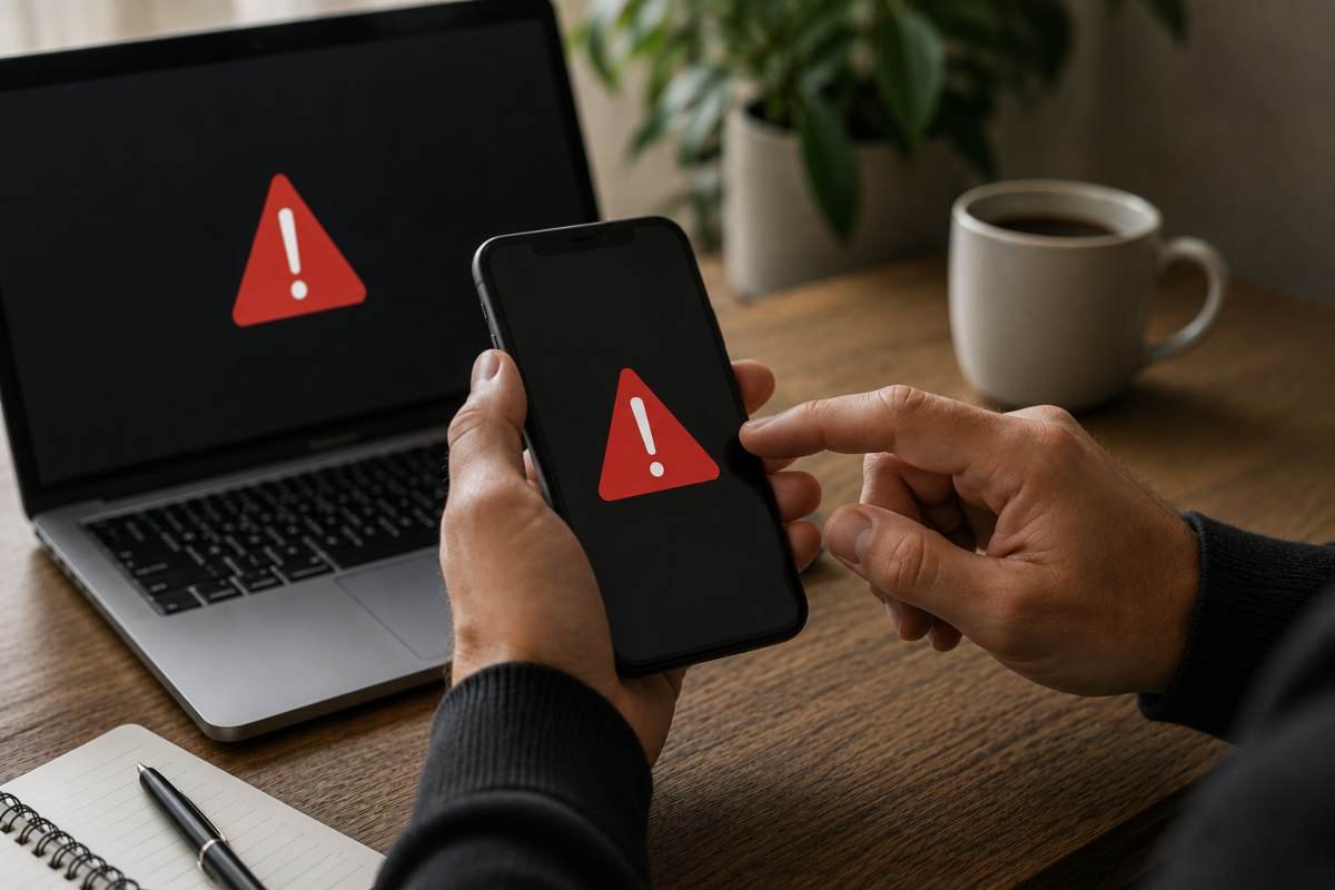 Smartphone e computer mostrano un simbolo di allerta che rappresenta il rischio di truffe digitali e tentativi di phishing.
