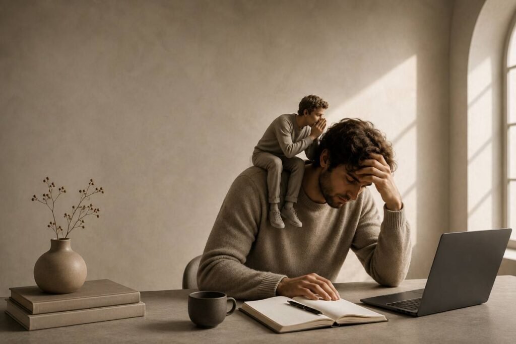 Illustrazione di una persona che si autosabota: un piccolo alter ego le sussurra all'orecchio mentre è seduta davanti al computer, simbolo dell'autosabotaggio e dei pensieri che ostacolano il raggiungimento degli obiettivi.