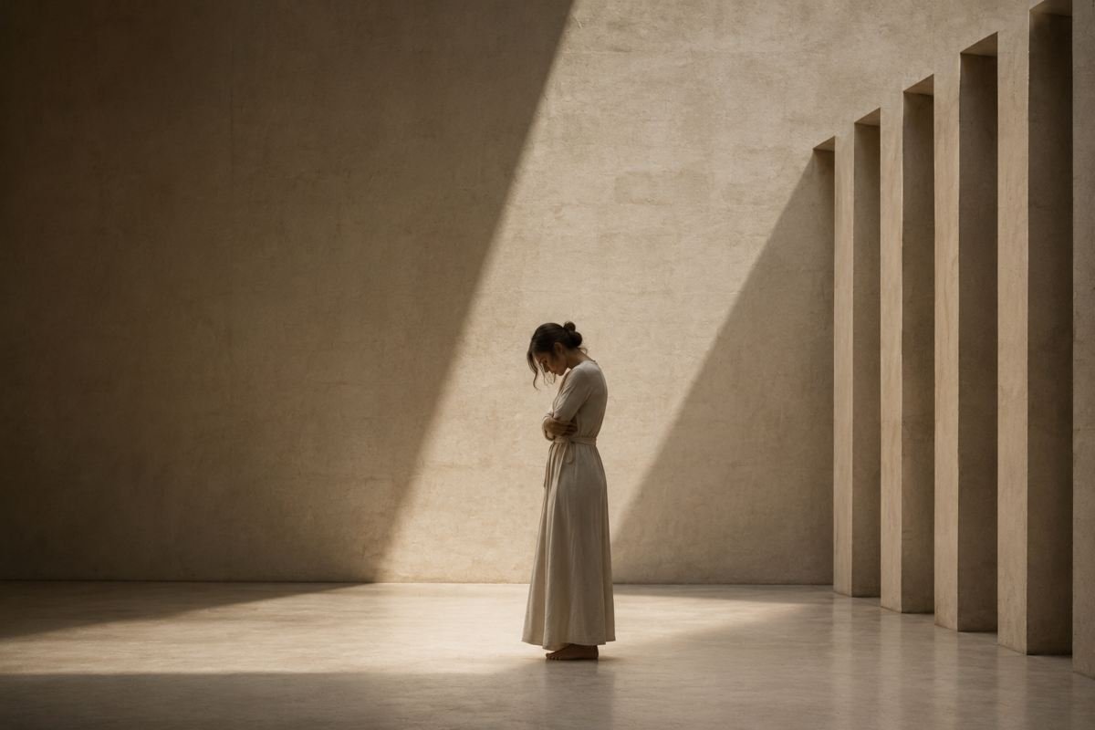 Persona sola al centro di una stanza che rappresenta il bisogno di approvazione degli altri, la paura del giudizio e la ricerca continua di conferme.