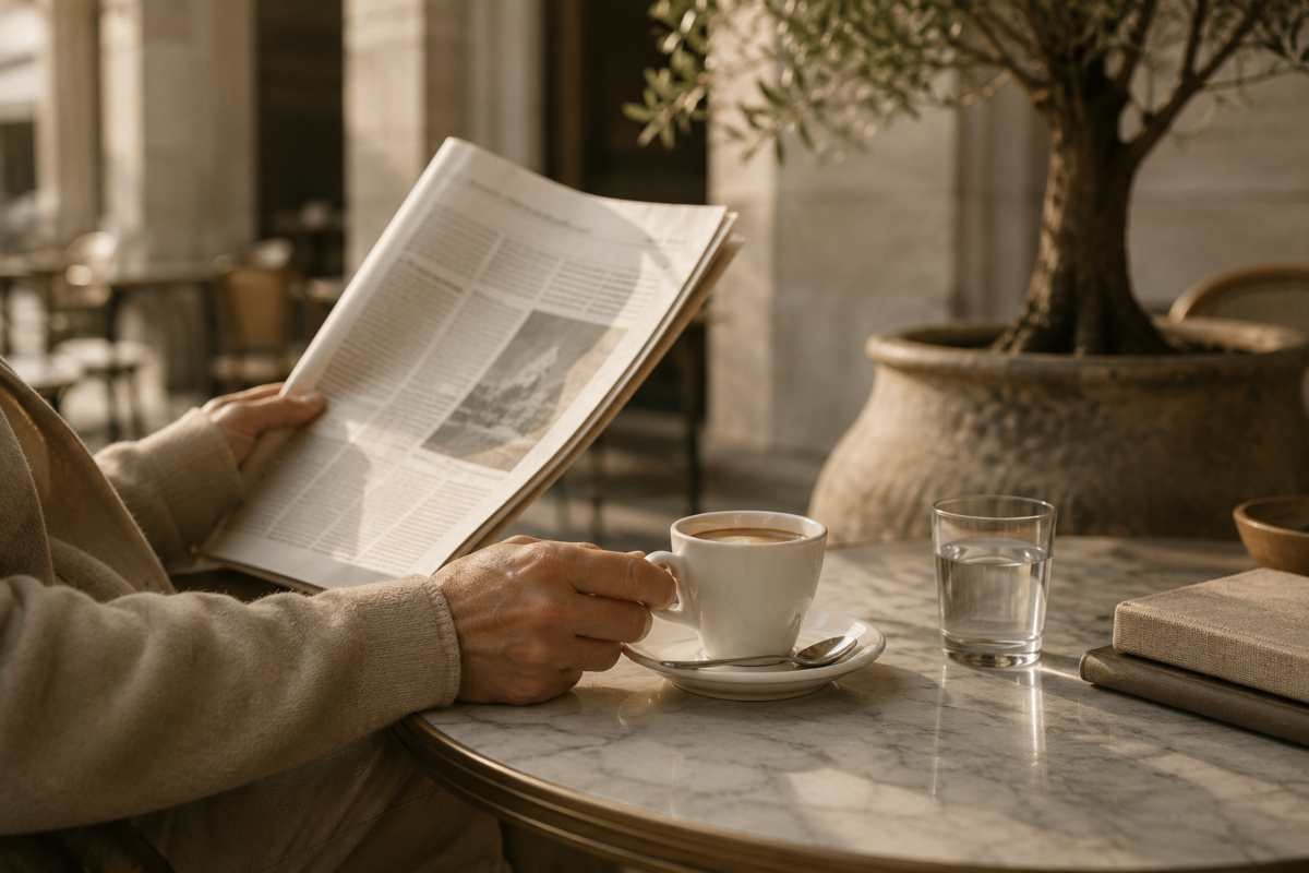 Persona seduta al bar legge il giornale mentre sorseggia un caffè espresso su un tavolo in marmo illuminato dalla luce naturale.