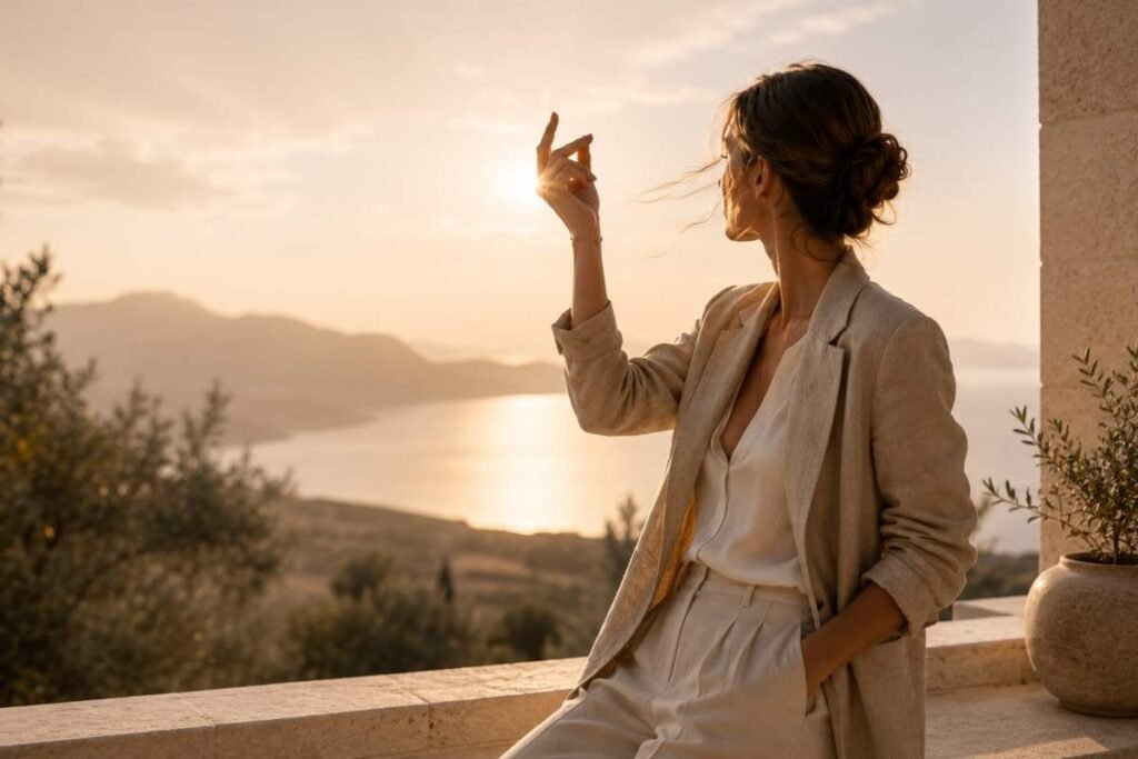 Una donna elegante schiocca le dita in segno di energia e determinazione mentre osserva un paesaggio al tramonto, simbolo del cambiamento personale e della crescita.