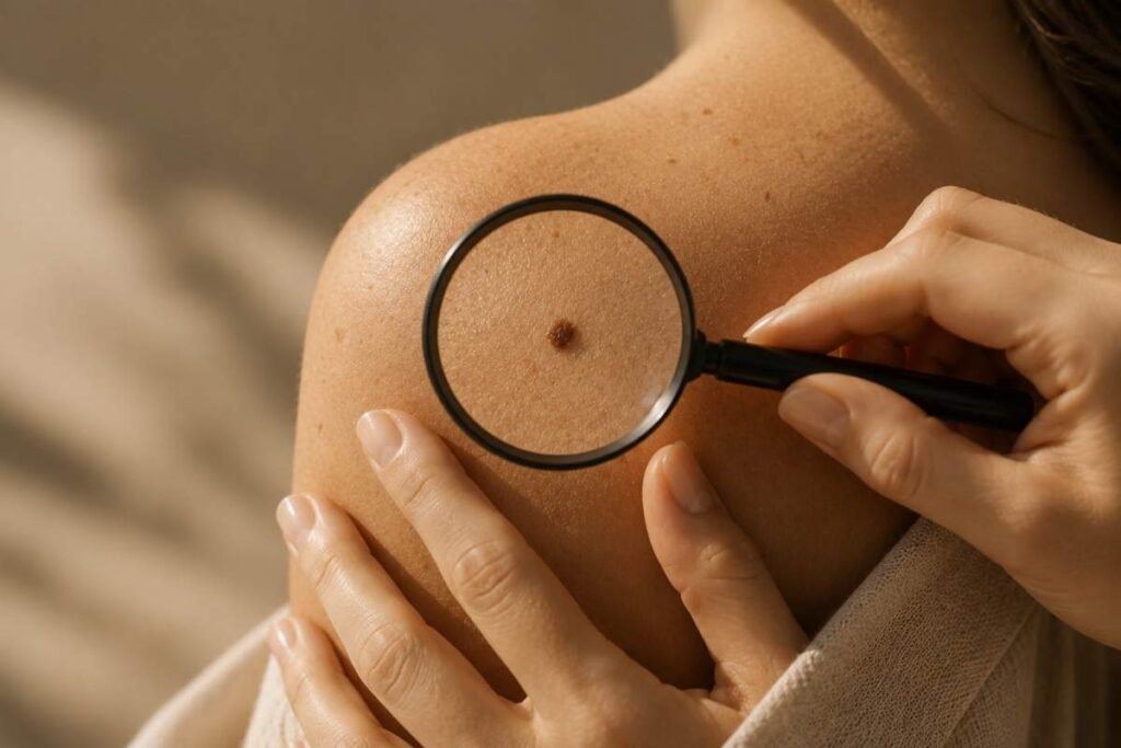 Controllo di un neo sulla spalla con una lente di ingrandimento per la prevenzione del cancro della pelle.