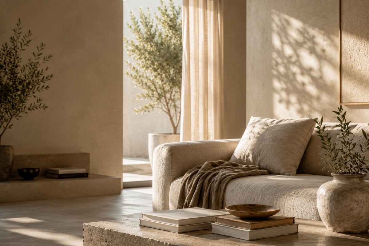 Un soggiorno minimalista dai colori neutri illuminato dalla luce naturale, progettato per favorire relax, equilibrio e benessere in casa.