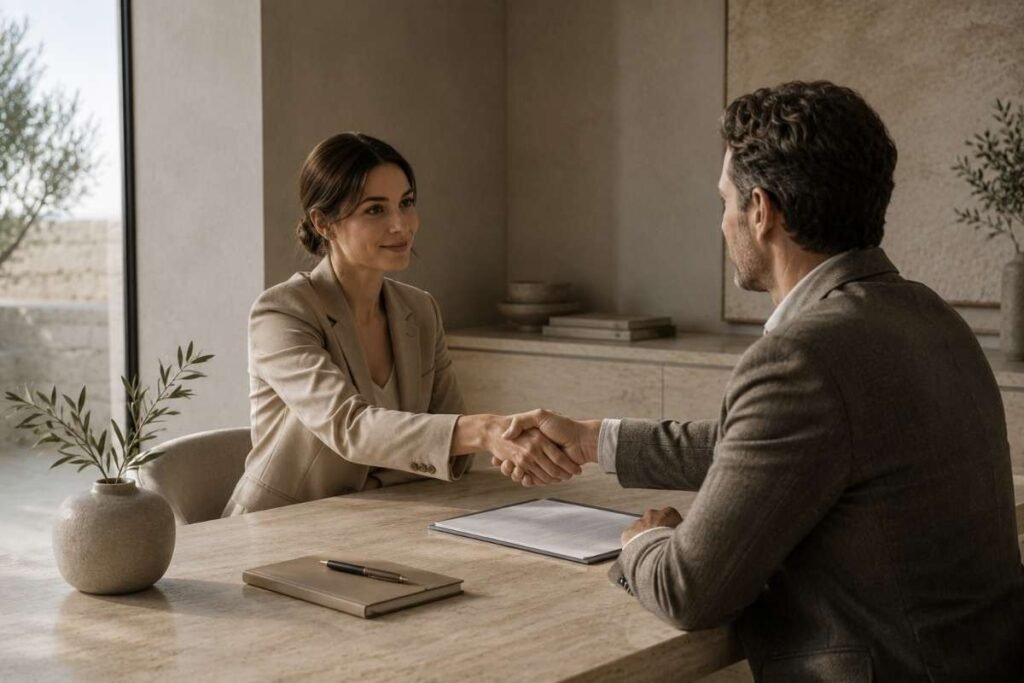 Dipendente e responsabile si stringono la mano al termine di un colloquio per discutere un aumento di stipendio in un ufficio elegante e luminoso.