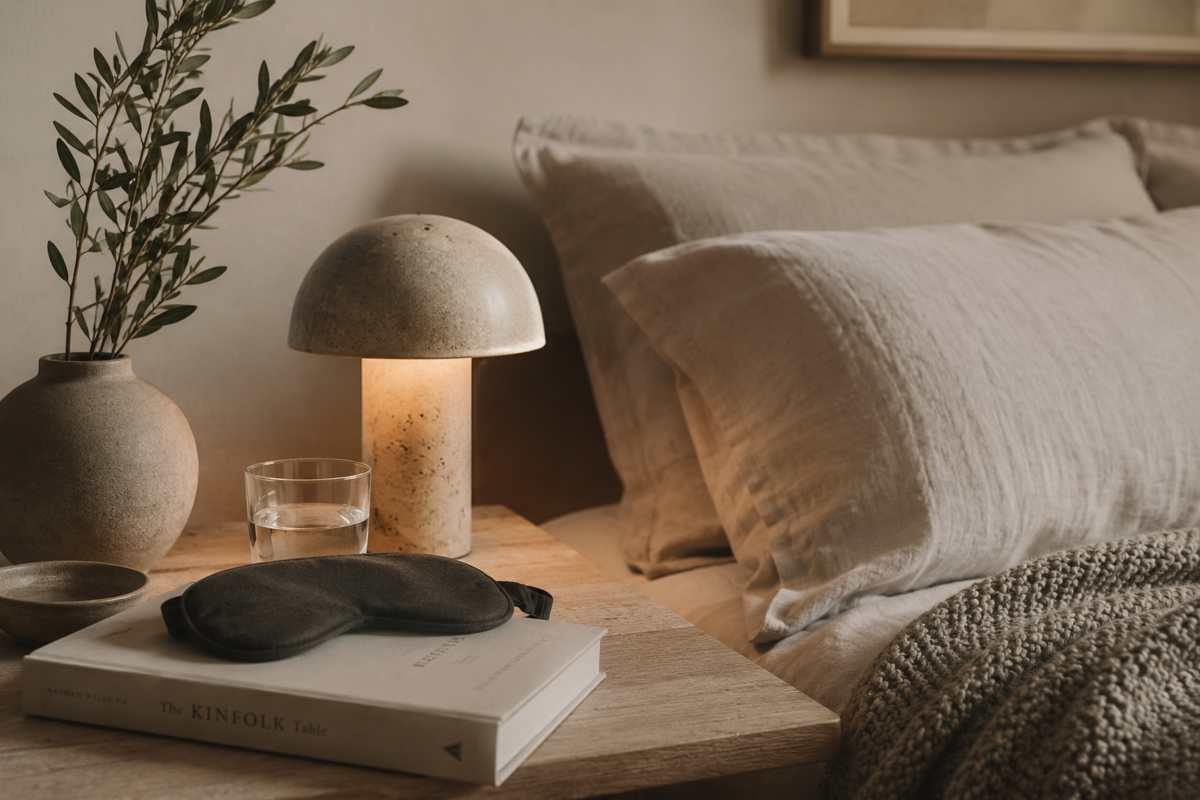 Camera da letto minimalista con illuminazione calda e atmosfera rilassante, ideale per rappresentare le abitudini che aiutano a dormire meglio e migliorare la qualità del sonno.