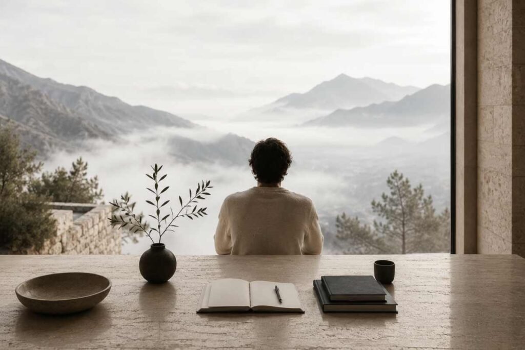 Persona seduta davanti a un grande panorama montano in un ambiente minimalista mentre osserva in silenzio il paesaggio, immagine che rappresenta il focus mentale e la concentrazione.