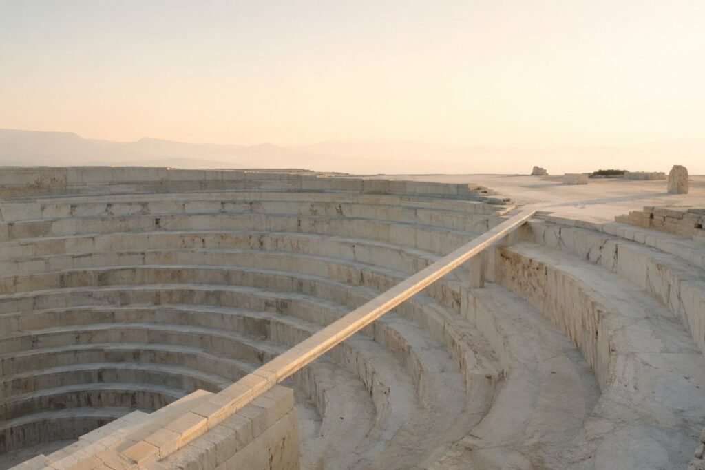 Una cava di travertino vista dall'alto con una spirale di terrazze e una passerella che si stacca verso una nuova direzione, simbolo del cambiamento personale.