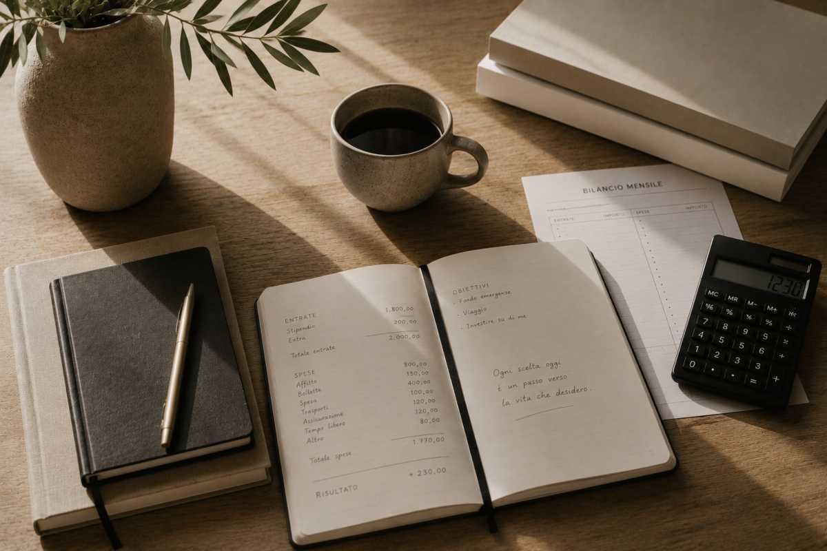 Taccuino con bilancio personale, calcolatrice e documenti su una scrivania in legno, simbolo del controllo delle spese e della gestione delle entrate.