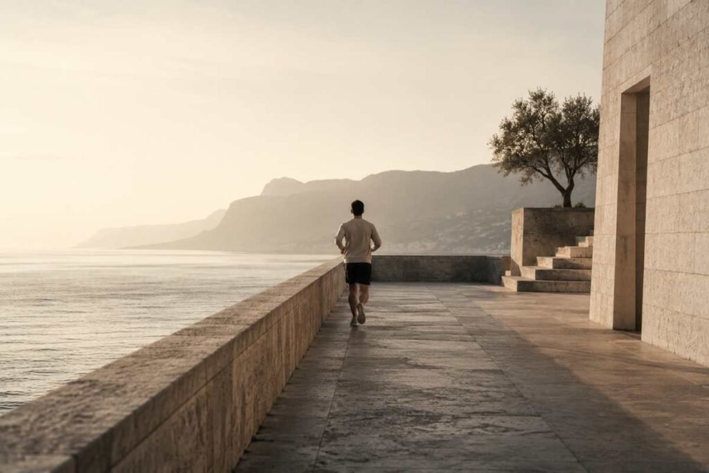 Persona che corre lungo una terrazza affacciata sul mare all'alba, simbolo della costanza, della disciplina e del miglioramento continuo.