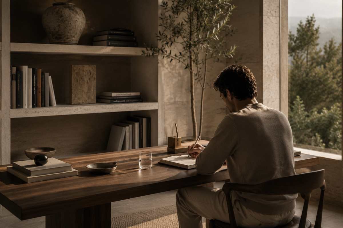 Scrivania minimalista illuminata dalla luce naturale con taccuino aperto, simbolo della costanza e della disciplina nelle abitudini quotidiane.