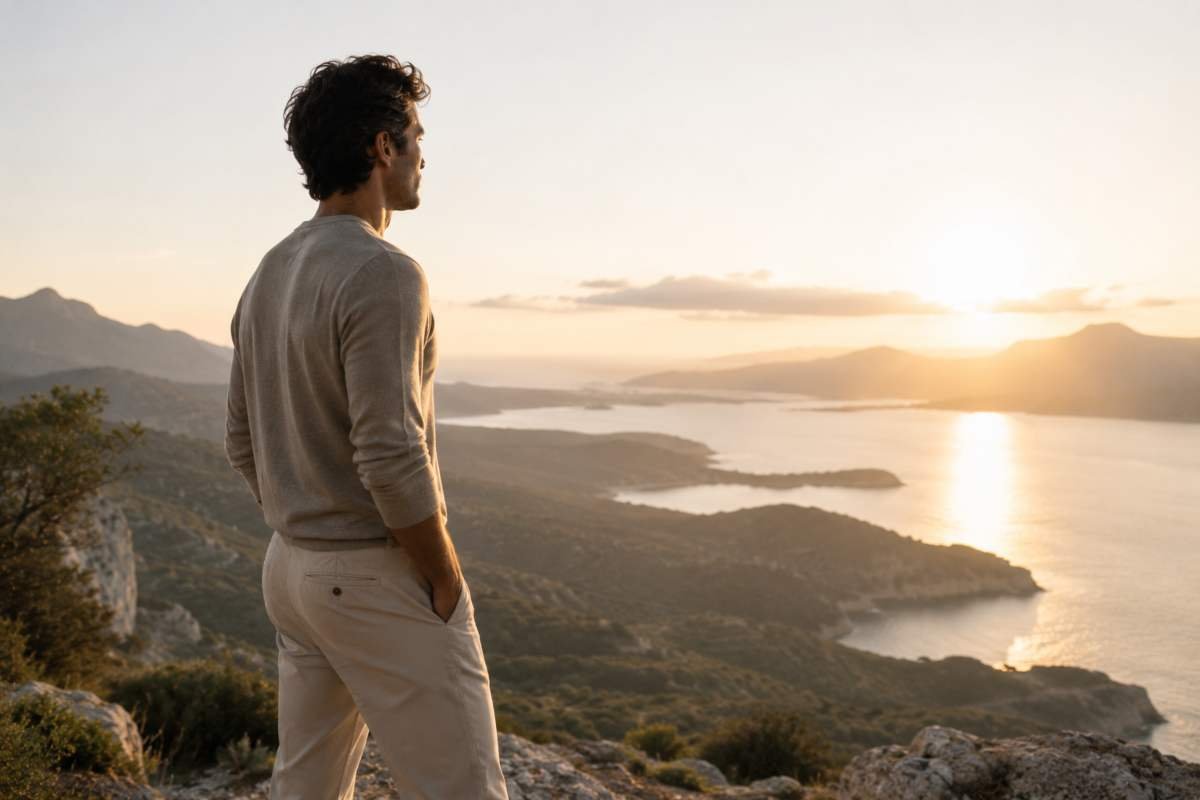 Un uomo osserva l'orizzonte da un punto panoramico al tramonto, simbolo di determinazione, crescita personale e cambiamento di vita.