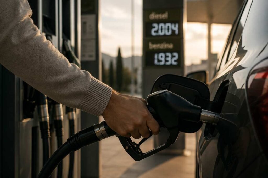 Automobilista fa rifornimento in una stazione di servizio mentre il prezzo del diesel supera i 2 euro al litro in autostrada.