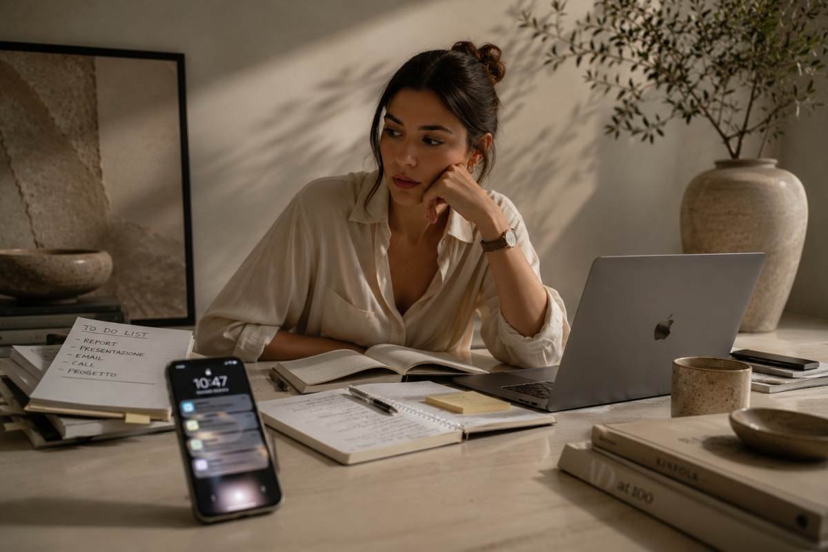 Donna distratta mentre lavora con computer, telefono e agenda sulla scrivania, esempio di perdita di concentrazione.