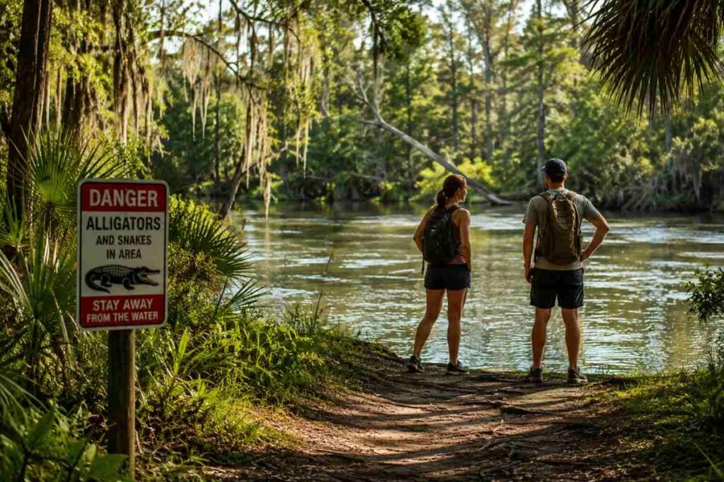 Due escursionisti osservano un fiume nella Florida centrale vicino a un cartello di avviso per la presenza di alligatori. Immagine a scopo illustrativo.