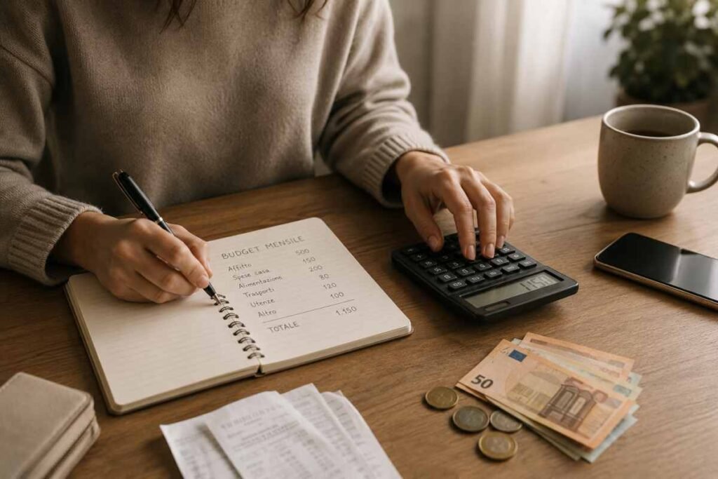 Persona che annota il budget mensile con calcolatrice, contanti e quaderno per organizzare un fondo di emergenza e gestire meglio le spese.