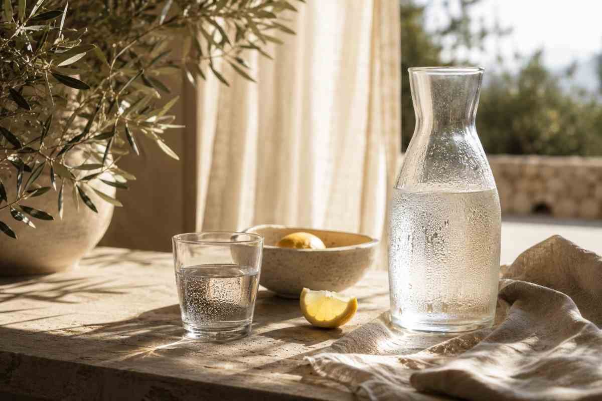 Caraffa d'acqua fresca e bicchiere su un tavolo illuminato dal sole durante una giornata molto calda, simbolo dell'importanza dell'idratazione in estate.