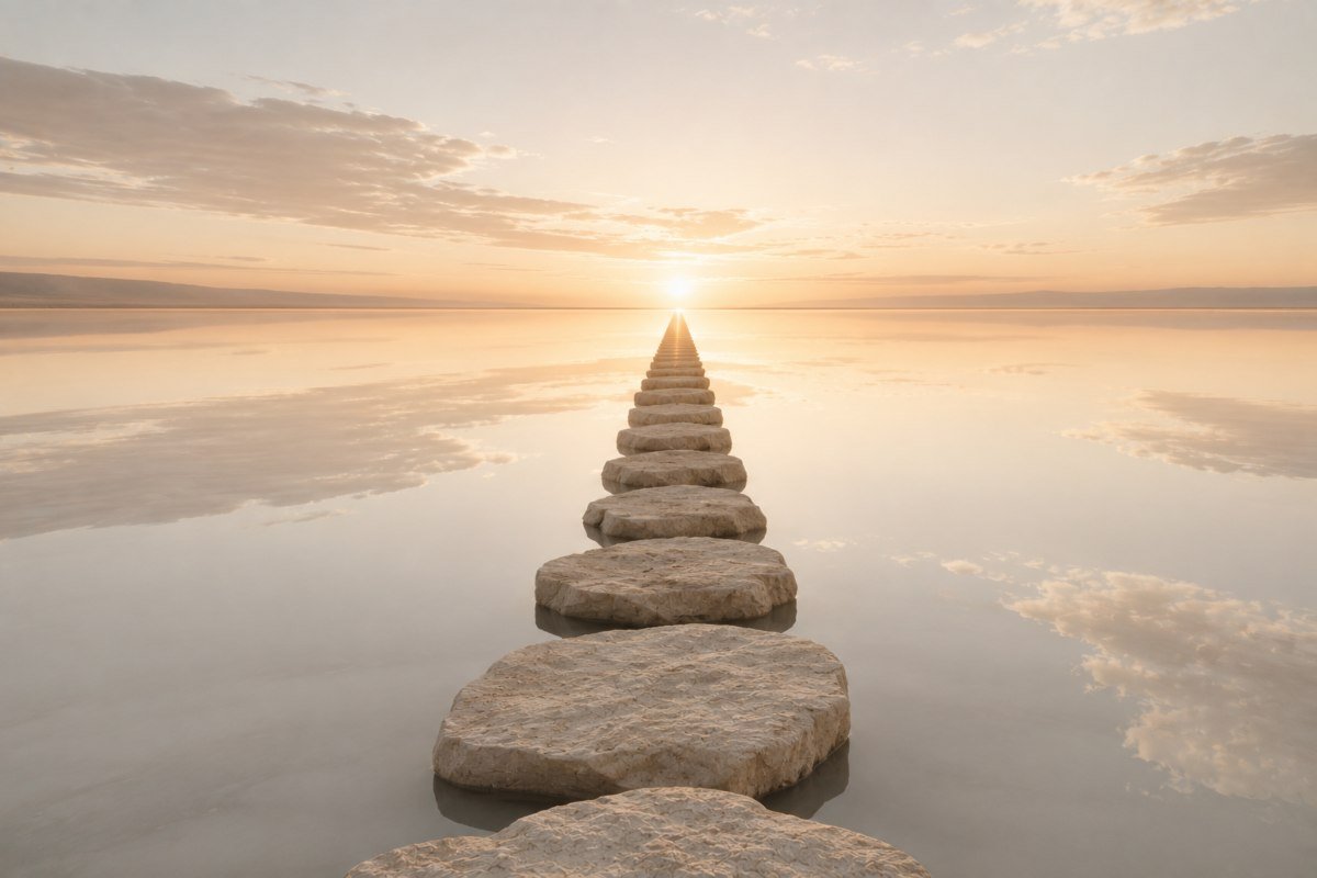 Un percorso di pietre emerge dall'acqua e conduce verso l'orizzonte illuminato dall'alba.